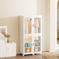 Jumper ตู้เสื้อผ้าพับได้ ตู้เก็บของพับได้ บานคู่ ชั้นเก็บของบานพับโปรงใส มีแม่เหล็กปิด มีล้อ แข็งแรง