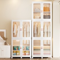 Jumper ตู้เสื้อผ้าพับได้ ตู้เก็บของพับได้ บานคู่ ชั้นเก็บของบานพับโปรงใส มีแม่เหล็กปิด มีล้อ แข็งแรง