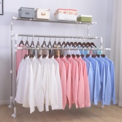 Jumper ราวตากผ้าสแตนเลส ยืดขยายได้ มีล้อ แขวนผ้า วางของอเนกประสงค์ ตากของด้านบนได้ เคลื่อนย้ายง่าย ฟรีไม้แขวน20ชิ้น