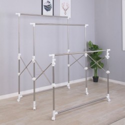 Jumper ราวตากผ้าสแตนเลส พับ-ยืดขยายได้  2-3 ราวใหญ่ มีล้อ เคลื่อนย้ายงาสย รุ่น 3 ราว แถมไม้แขวนเสื้อ