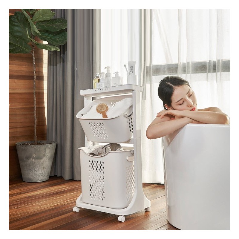 Jumper Kids ตะกร้าอเนกประสงค์ 2 ชั้น มีล้อ วัสดุแข็งแรงทนทาน พร้อมตะกร้าปรับองศา (สีขาว)