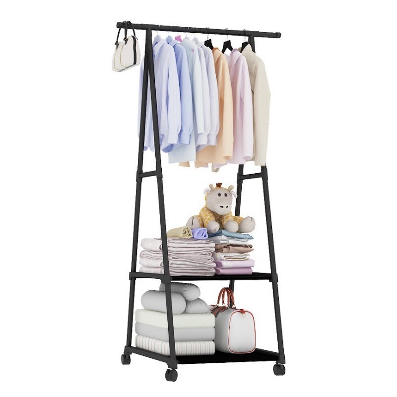 ราวแขวนเสื้อ แขวนหมวก ราวตากผ้า  ชั้นวางอเนกประสงค์ มีล้อในตัว (ทรงสามเหลี่ยม)