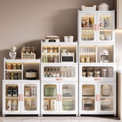 ตู้เก็บของพับได้ Jumper แบบมีชั้นวางของ และช่องเก็บของ ชั้นเก็บของ มีบานพับโปรงใส มีแม่เหล็กปิด มีล้อเลื่อน บานใส