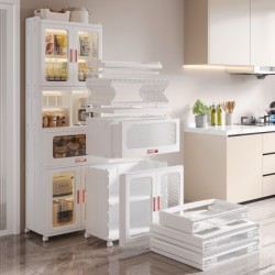 ตู้เก็บของพับได้ Jumper แบบมีชั้นวางของ และช่องเก็บของ ชั้นเก็บของ มีบานพับโปรงใส มีแม่เหล็กปิด มีล้อเลื่อน บานใส