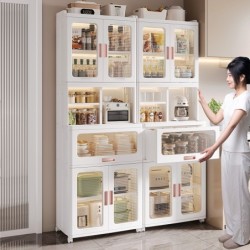 ตู้เก็บของพับได้ Jumper แบบมีชั้นวางของ และช่องเก็บของ ชั้นเก็บของ มีบานพับโปรงใส มีแม่เหล็กปิด มีล้อเลื่อน บานใส