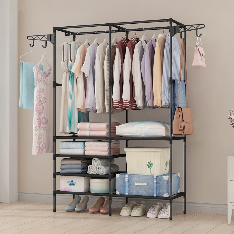 Jumper Kids ตู้แขวนเสื้อ ราวแขวนเสื้อ ราวตากผ้าเหล็ก เเบบสอง-สามเเถว มีชั้นวางของตะขอเเขวน ใช้ในคอนโด ประหยัดพื้นที่