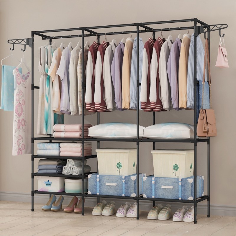 Jumper Kids ตู้แขวนเสื้อ ราวแขวนเสื้อ ราวตากผ้าเหล็ก เเบบสอง-สามเเถว มีชั้นวางของตะขอเเขวน ใช้ในคอนโด ประหยัดพื้นที่