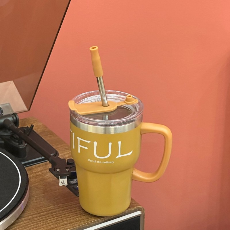 Jumper Kids แก้วเก็บความเย็น สแตนเลส แบบมีด้ามจับ แก้วกาแฟ พร้อมหลอด ขนาด600ml.ใส่ได้ทั้งร้อนและเย็น