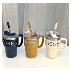 Jumper Kids แก้วเก็บความเย็น สแตนเลส แบบมีด้ามจับ แก้วกาแฟ พร้อมหลอด ขนาด600ml.ใส่ได้ทั้งร้อนและเย็น