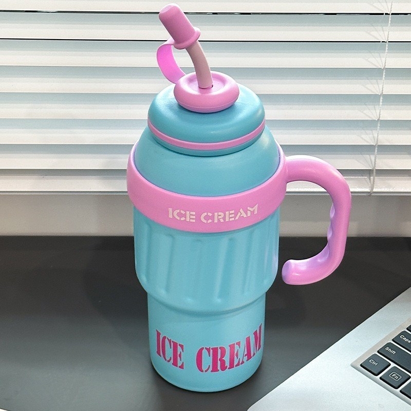 Jumper Kids แก้วเก็บความเย็น 1000 ml. สแตนเลส 304 เก็บเย็น พร้อมหลอดซิลิโคน Food Grade พร้อมด้ามจับ