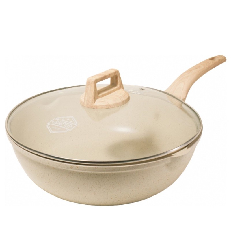 Jumper กระทะก้นลึกเคลือบหินอ่อน ขนาด 30 cm. กระทะด้ามจับยาว พร้อมฝาแก้ว ใช้ได้กับเตาทุกประเภท แถมฟรี ตะหลิวไม้