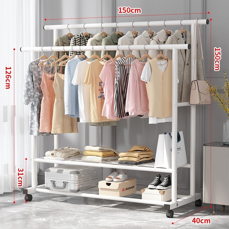 Jumper Kids ราวตากผ้า แขวนผ้าบาร์คู่ โครงเหล็ก ชั้นวางเสื้อผ้า พร้อมตะขอแขวนด้านข้าง