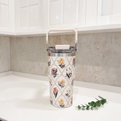 Jumper แก้วเก็บความเย็น แก้วเก็บอุณหภูมิ  สแตนเลส 304 Food Grade พร้อมฝามีหูหิ้ว-หลอดดูด ลายดอกไม้