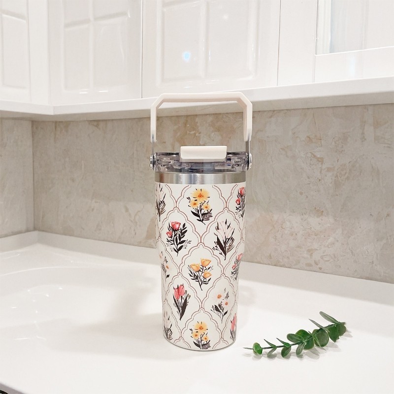 Jumper แก้วเก็บความเย็น แก้วเก็บอุณหภูมิ  สแตนเลส 304 Food Grade พร้อมฝามีหูหิ้ว-หลอดดูด ลายดอกไม้