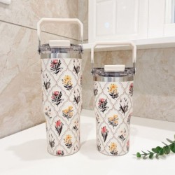 Jumper แก้วเก็บความเย็น แก้วเก็บอุณหภูมิ  สแตนเลส 304 Food Grade พร้อมฝามีหูหิ้ว-หลอดดูด ลายดอกไม้