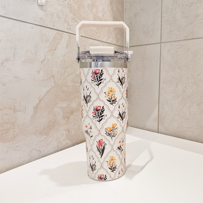 Jumper แก้วเก็บความเย็น แก้วเก็บอุณหภูมิ  สแตนเลส 304 Food Grade พร้อมฝามีหูหิ้ว-หลอดดูด ลายดอกไม้