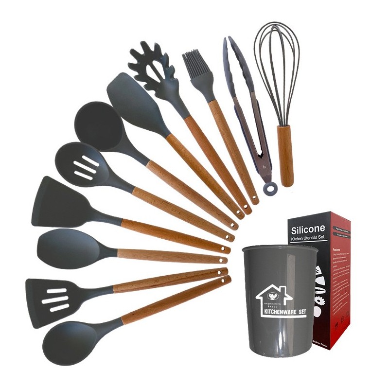 Jumper Kids ชุดทำอาหาร อุปกรณ์ครัว ซิลิโคน 12 ชิ้น ตะหลิวซิลิโคน ซิลิโคนคุณภาพสำหรับทำอาหาร พร้อมกระบอกเก็บอุปกรณ์