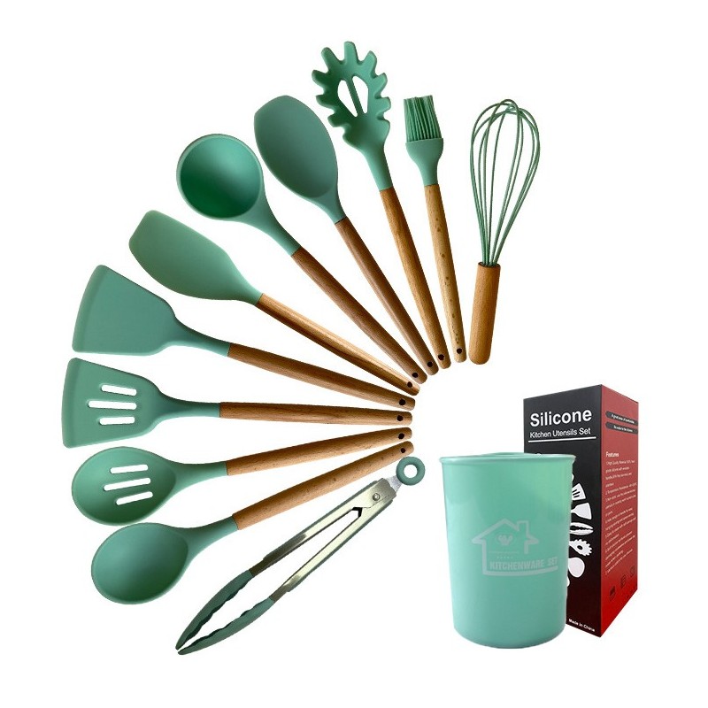 Jumper Kids ชุดทำอาหาร อุปกรณ์ครัว ซิลิโคน 12 ชิ้น ตะหลิวซิลิโคน ซิลิโคนคุณภาพสำหรับทำอาหาร พร้อมกระบอกเก็บอุปกรณ์