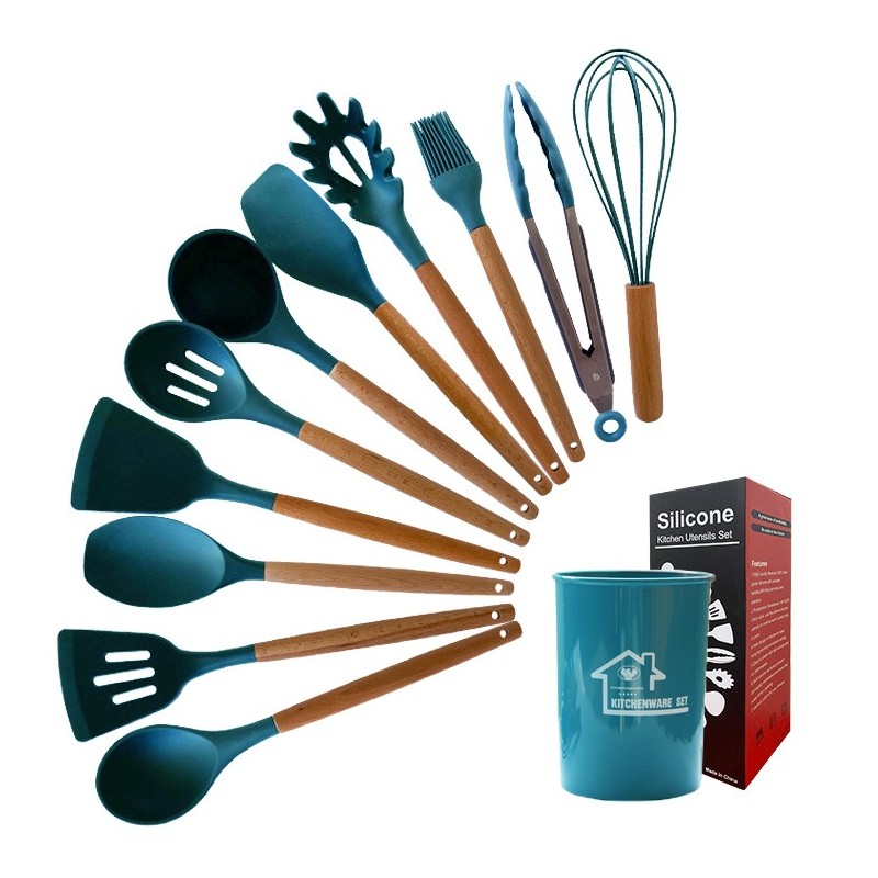 Jumper Kids ชุดทำอาหาร อุปกรณ์ครัว ซิลิโคน 12 ชิ้น ตะหลิวซิลิโคน ซิลิโคนคุณภาพสำหรับทำอาหาร พร้อมกระบอกเก็บอุปกรณ์