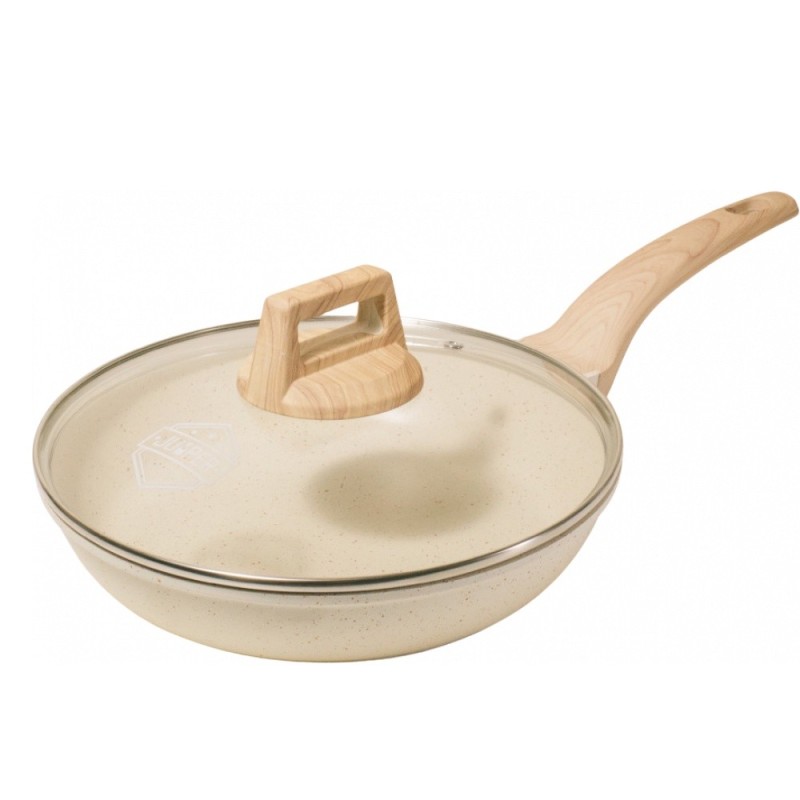 Jumper กระทะก้นแบนเคลือบหินอ่อนขนาด24 cm. กระทะด้ามจับยาว เคลือบหินอ่อน พร้อมฝาแก้ว แถมฟรี ตะหลิวไม้