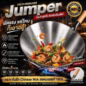 Jumper Kids กระทะสแตนเลส 30/32/34/36/40cm กระทะก้นลึก Chinese Wok ทำจากสแตนเลส ผัด ทอด สแตนเลสอย่างดี ไม่ติดกระทะ